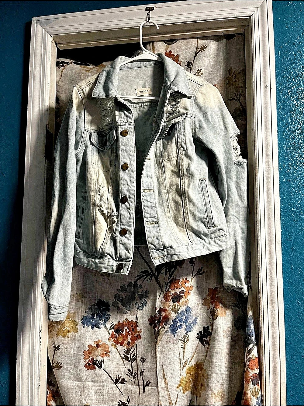 Mono B Distressed Light Wash Denim Jacket Distressed Denim Jacket in Blue Size